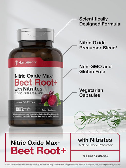 Horbaeach Nitric Oxide Beet Root Capsules | 180 Count Vegetarian Non-GMO Gluten Free Supplement