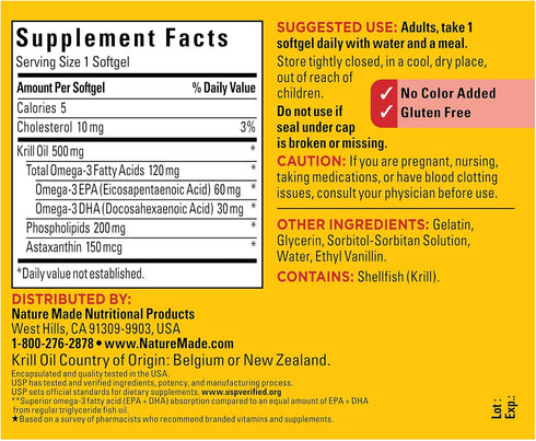 Nature Made Krill Oil 500mg, Superior Absorption with Astaxanthin, Omega 3s for Heart Health, 100 Softgels