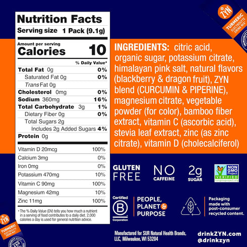 Packets, Packets Pack 16 ZYN Electrolyte Drink Mix Hydration BlackBerry Dragonfruit Electrolytes Powder, Hydration