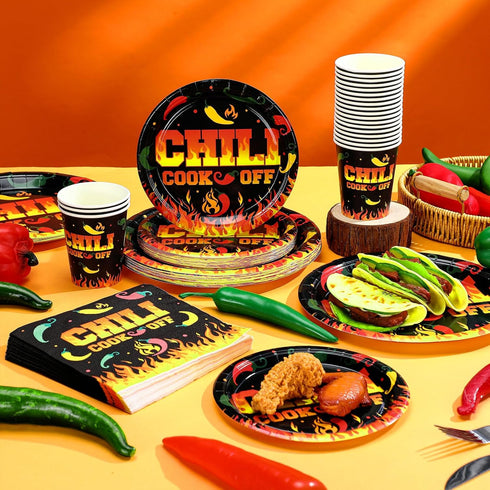 Sliner 100 Pcs Chili Cook Off Paper Party Supplies, 9'' Dinner Plates, 7'' Dessert Plates, and Napkins