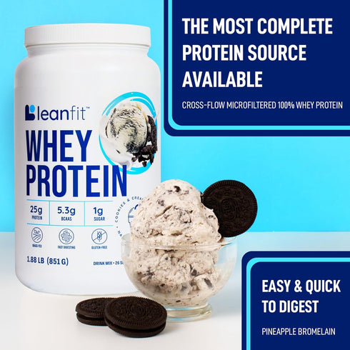 LeanFit WHEY Protein Cookies & Cream, 100% Whey Protein Powder, 25g Protein, Grass-Fed, Gluten-Free, 26 Servings, 1.88