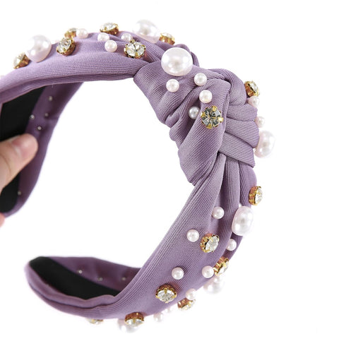 Pearl Knotted Headband, Sparkle Rhinestone Wide Knot Hairband for Women (Purple)