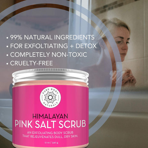 Pure Body Naturals Himalayan Salt Scrub, 12 ounces - Natural Exfoliator with Sweet Almond Oil, Jojoba Oil, Vitamin E