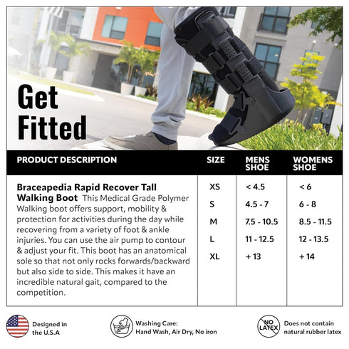 Rapid Recover Tall Walking Boot, Medical Grade Foot & Ankle Support Brace with Adjustable Air Pump for Injury Recovery