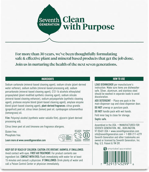 Seventh Generation Dishwasher Detergent Packs, Lemon Scent, 2 Pack, 45 Count for Sparkling Dishes