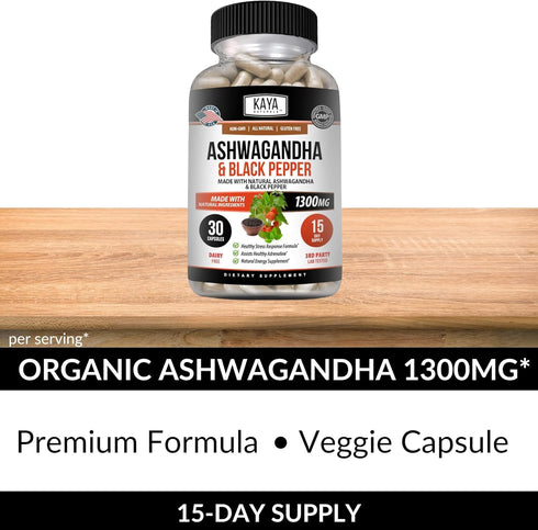 Kaya Naturals Organic Ashwagandha Root with Black Pepper - Maximum Strength 1300 mg Adaptogen Supplement