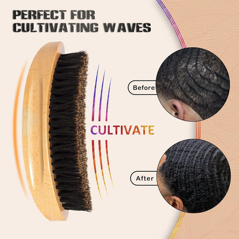 Wave Brush for Men with 100% Natural Beech Wood & Black Boar Hair Bristle, Soft Hairbrush for Beards