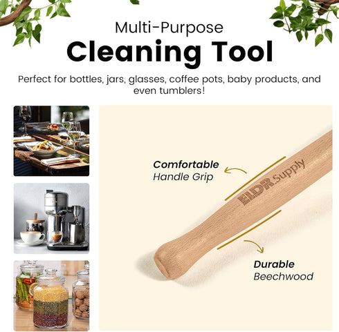14in Bottle Brush with Extra Long German Beechwood Handle, Strong Hemp Bristles for Cleaning Wide Mouth Jars, Glasses,