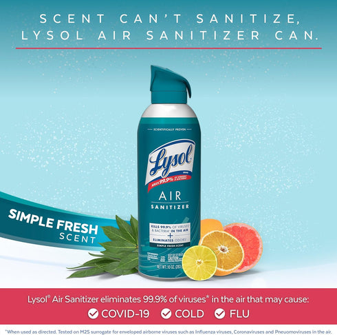 Lysol Air Sanitizer Spray, Simple Fresh Scent, 10 Fl. Oz for Air Sanitization and Odor Elimination (Pack of 3)