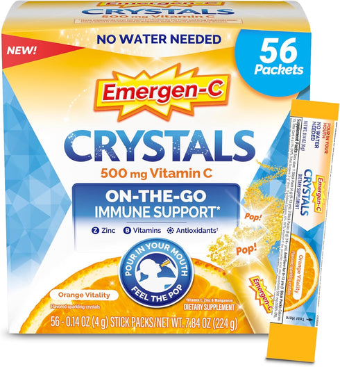 Emergen-C Crystals, On-The-Go Immune Support Supplement with Vitamin C, B Vitamins, Zinc, Orange Vitality - 56 Stick