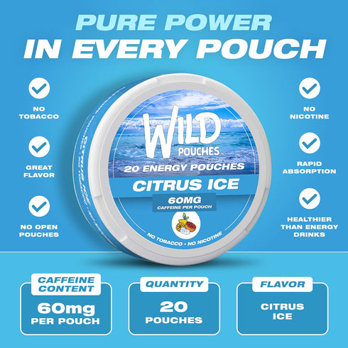 Wild Pouches 60mg 20 Wild Caffeine Pouches Nicotine Free Citrus Ice - x Energy Pouches - Caffeine Pouch