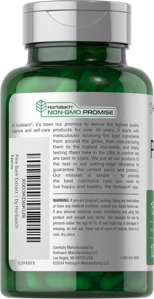 Horbaach Pine Bark Extract Capsules | 1500mg | 120 Count | Non-GMO and Gluten Free
