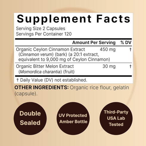 NatureBell Ceylon Cinnamon Per Serving - 240 Capsules with Organic Sri Lanka Ceylon Cinnamon and Organic Bitter Melon,