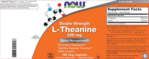 Now Foods L-Theanine, 200 mg, 180 Veg Capsules, Enhanced with 100mg Inositol, Non-GMO Supplement
