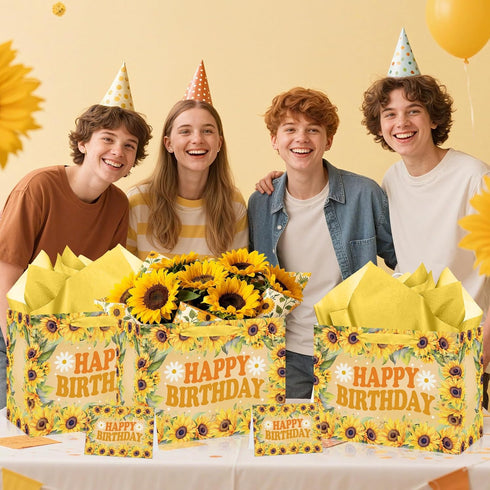 Wauprant Large Sunflower Birthday Gift Bag for Girls Women Yellow Floral Happy Birthday Gift Bag with Wrapping Paper