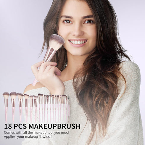 Makeup Brushes, 18 Pcs Professional Synthetic Brush Set with Case, Travel Makeup Brushes (Pink Gold)