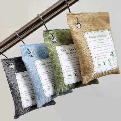 Bamboo Charcoal Bags Odor Absorber, 2 Packs 200g Charcoal Deodorizer Bags with Hooks for Home, Cars, Bathroom