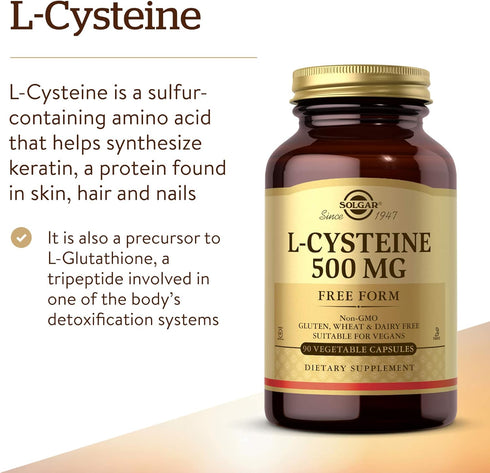 Solgar L-Cysteine 500 mg, 90 Vegetable Capsules - Free Form Amino Acid for Skin, Hair & Nails, Vegan, Gluten Free