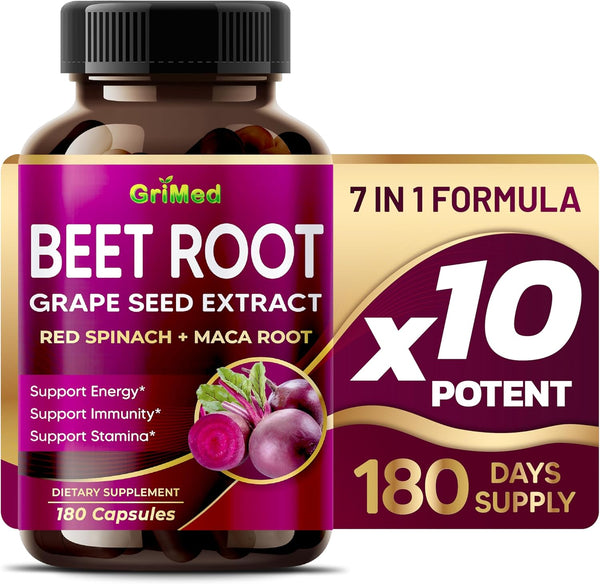 12,900mg Beet Root x12 Potency with Grape Seed Extract, Healthy Energy Supplement for Heart Support, 180 Count
