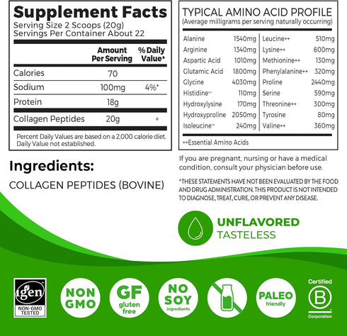 Orgain Hydrolyzed Collagen Peptides Powder For Women & Men, 20g Grass Fed Collagen, Unflavored - Hair, Skin, Nail, & Joint Support Supplement, Paleo & Keto, Non-GMO, Type I and III, 1lb
