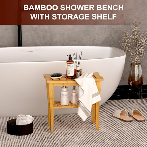 Bamboo Shower Bench Stool with Storage Shelf, Waterproof Shower Chair for Indoor or Outdoor Use, Bathroom Bench Seat