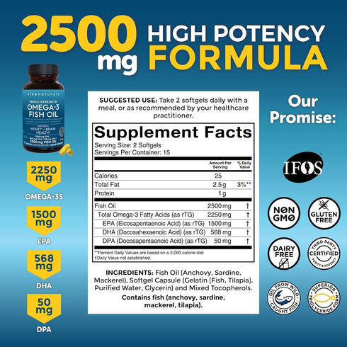 Viva Naturals Triple Strength Omega 3 Fish Oil Supplement - 2500 mg with EPA, DHA, DPA - 30 Softgels