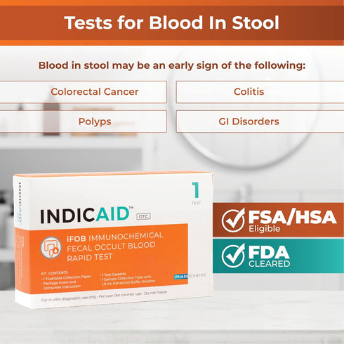 Immunochemical (1 Pack) INDICAID Fecal Occult Blood Rapid Test (iFOB), FIT Colon Test, Accurate and Easy at Home, No