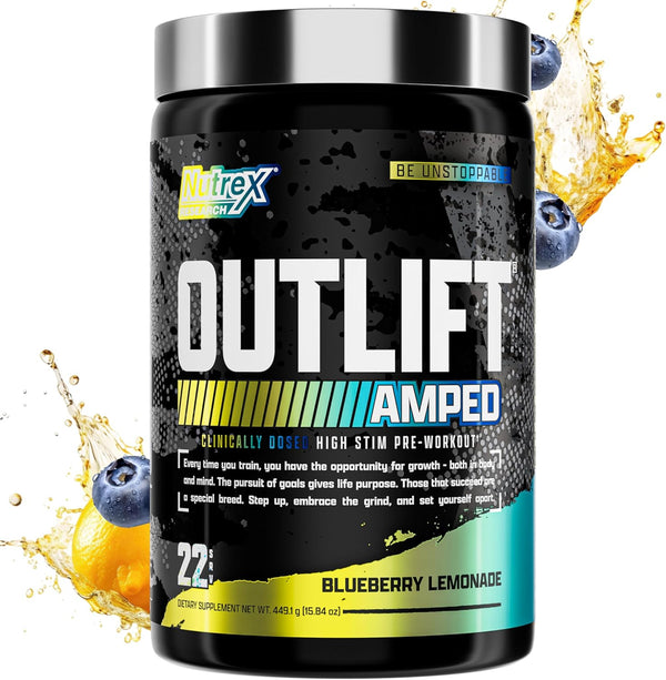 OUTLIFT Amped Max Dosed HIGH STIM Pre Workout Powder - 6G Citrulline, 3.2G Beta Alanine, Blueberry Lemonade, 22 Servings