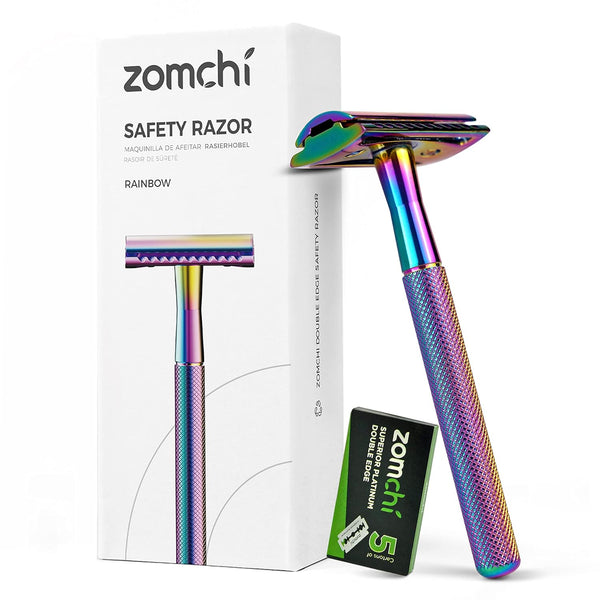 ZOMCHI Double Edge Safety Razor with 5 Blades, Reusable Plastic Free Shaving Razor for Women & Men - Rainbow