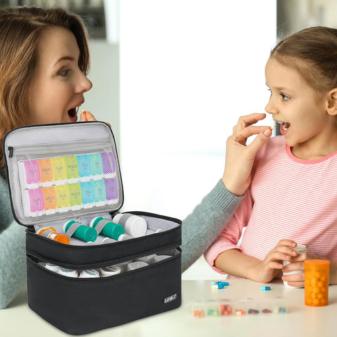 LEFORZ Medicine Storage Bag,Double Layers Pill Bottle Organizer Bag Empty with Lockable Zipper&Adjustable