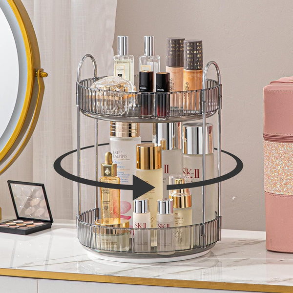 Rotating Makeup Organizer for Vanity, 2 Tier High-Capacity Skincare Clear Make Up Storage, 360 Spinning Cosmetic