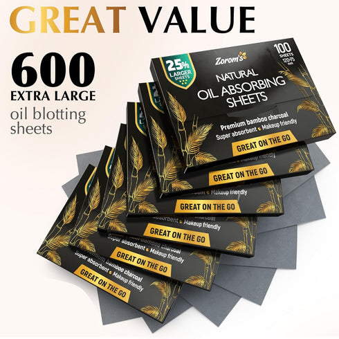 Natural Oil Blotting Sheets for Face with Bamboo Charcoal, 6pk/600 Makeup Friendly Blotting Papers