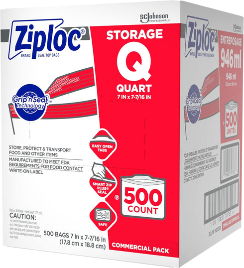 SC Johnson Professional Ziploc Storage Bags, Food Organization & Storage, Double Zipper, Quart, 500 Count