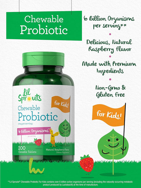 Carlyle Probiotics for Kids | 200 Chewable Tablets | 6 Billion CFUs | Raspberry Flavor | Non-GMO, Gluten Free