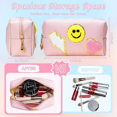WECOOL Preppy Makeup Bag, Waterproof PU Leather Smiley Face Patch, Portable Cute Toiletry Bag with Zipper for Women