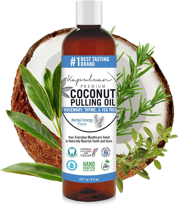 Coconut Pulling Oil Mouthwash for Teeth and Gums, 100% Pure, Non-GMO, Ayurvedic with Rosemary, Thyme, Tea Tree Oils