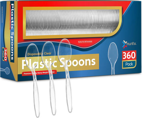 360 Count Heavy Duty Clear Plastic Spoons, Premium Disposable Utensils, BPA Free, Heat Resistant Cutlery Set