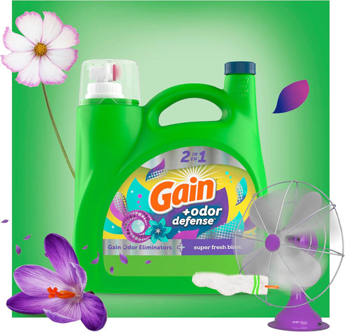 Gain + Odor Defense Liquid Laundry Detergent, Super Fresh Blast Scent, 154 fl oz, 107 Loads, HE Compatible