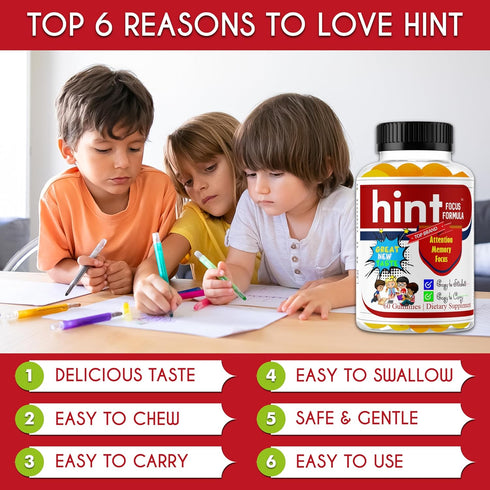Hint Brain Memory Supplements for Kids & Teens, Omega 3 Vitamins, Low Sugar 60 Gummies for Focus & Eye Support