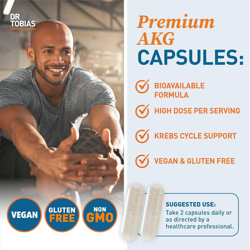 Dr. Tobias AKG Supplement 1000mg, Bioavailable Alpha Ketoglutaric Acid, 180 Capsules, Vegan, Gluten-Free