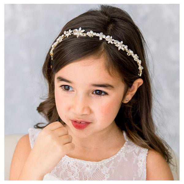SWEETV Gold Flower Girl Headpiece, Crystal Floral Girls Headband for Wedding, Birthday Party, Photography