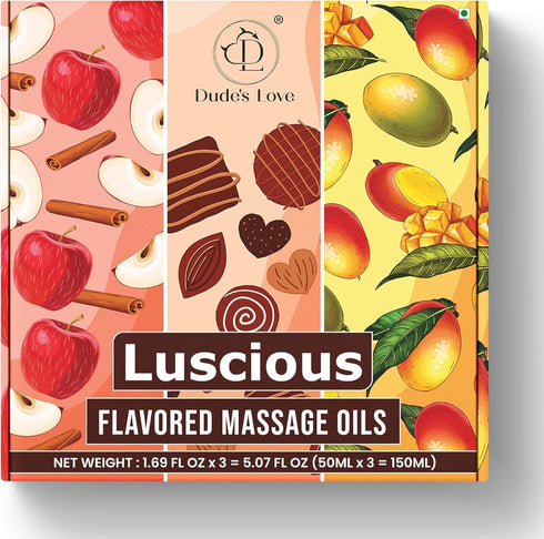 Set Pack 3 1.69 OZ x3 Dude's Love Luscious Flavored Massage Oil - of - Organic - Chocolate, Apple Cinnamon, Mango