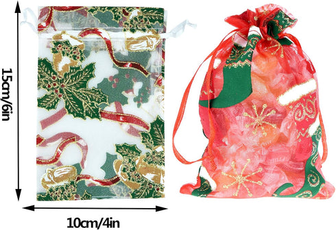50PCS Christmas Organza Bags, Gift Jewelry Candy Bags for Wedding Party, 10 Patterns, 4x6 Inch