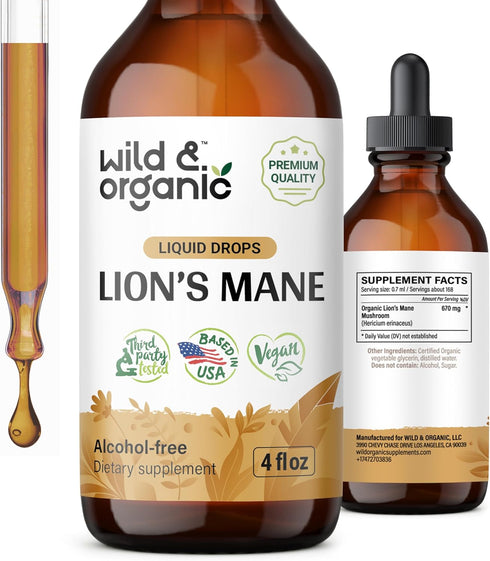 Organic Lions Mane Liquid Extract - Lion’s Mane Mushroom Supplement - Vegan, Alcohol Free Drops - 4 fl oz
