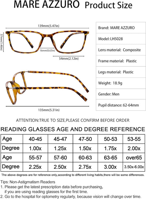 MARE AZZURO Flexible Reading Glasses for Men, Lightweight Readers in Various Strengths (Tortoise, 2.25)