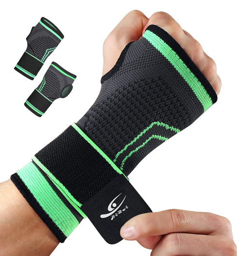 HiRui 2-Pack Wrist Brace with Compression Sleeves and Straps for Fitness, Weightlifting, Tendonitis Relief (Green,