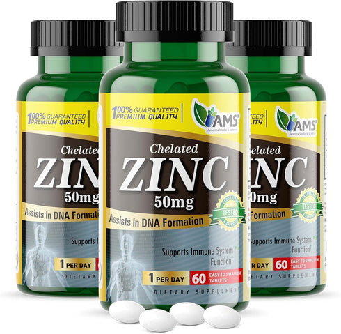 America Medic & Science Chelated Zinc 50 mg Supplements, 3 Pack of 60 Tablets for Immune Support
