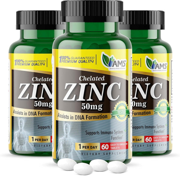 America Medic & Science Chelated Zinc 50 mg Supplements, 3 Pack of 60 Tablets for Immune Support