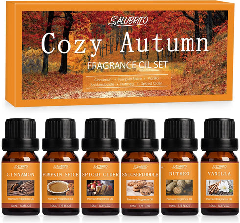 SALUBRITO Fall Essential Oils Set - Autumn Fragrance Oil for Diffuser, Candle Making, 6x10ml - Cinnamon, Pumpkin Spice