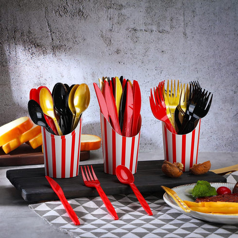 180 Pcs Heavy Duty Plastic Silverware Set, Red Black Gold Disposable Cutlery for Graduation Wedding Party Dinner
